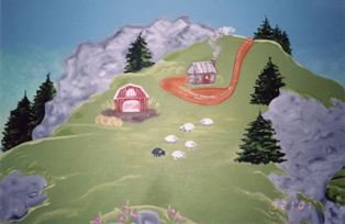 Elaborate mural of trains, planes, tunnels, and village town...